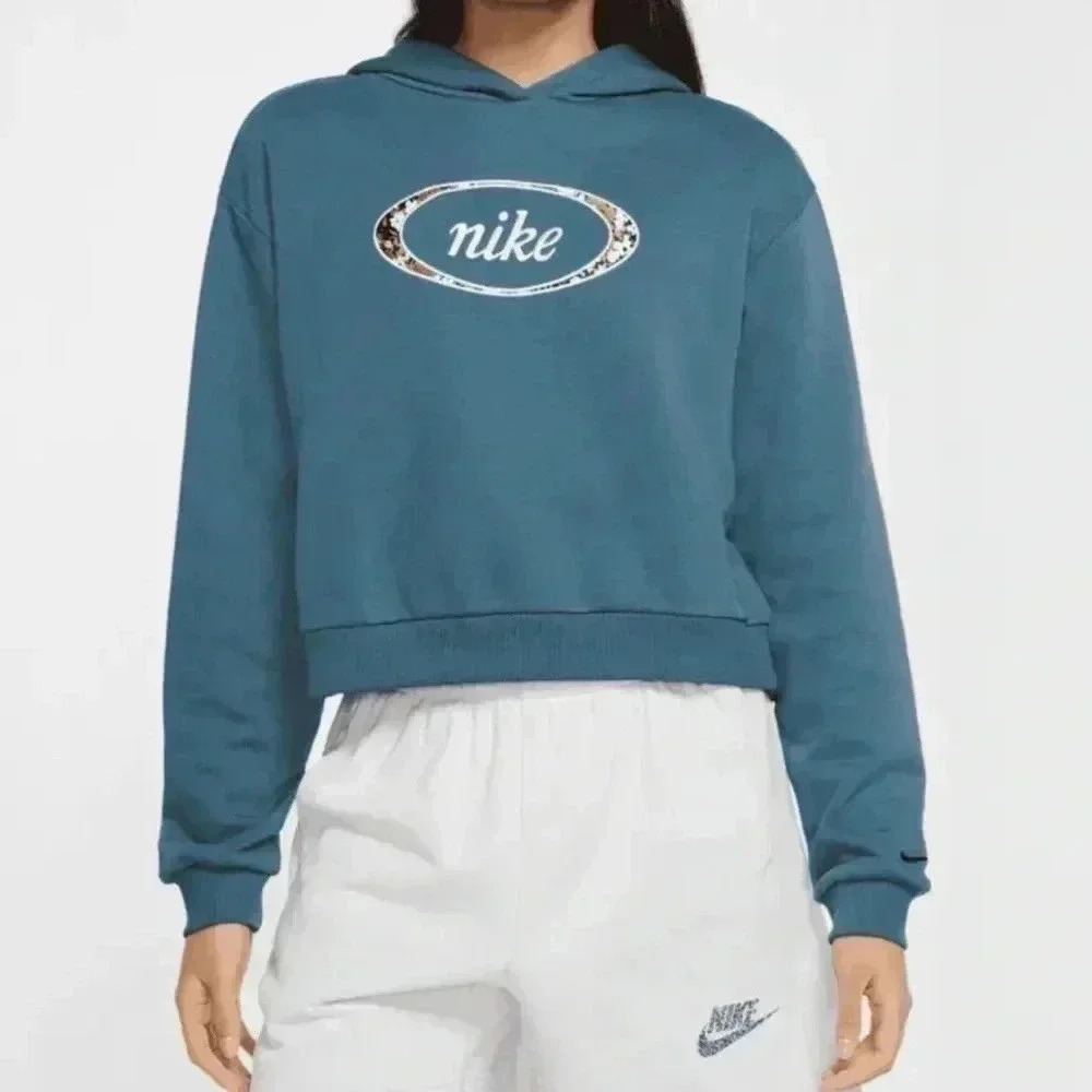 Nike Women Ash Green Floral Print Crop Pullover Hoodie Size Small